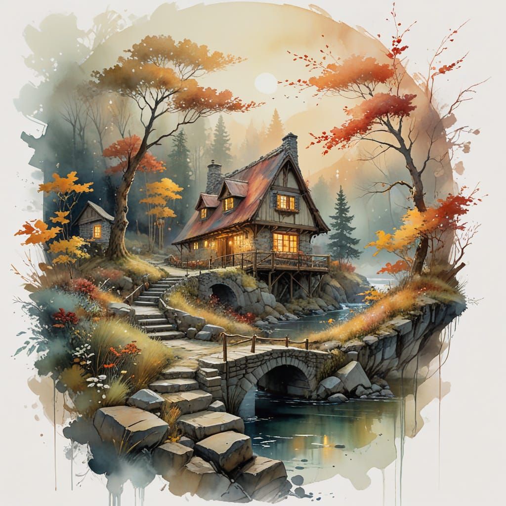 Whispers of Autumn Twilight Village in Enchanted Canvas Styl...