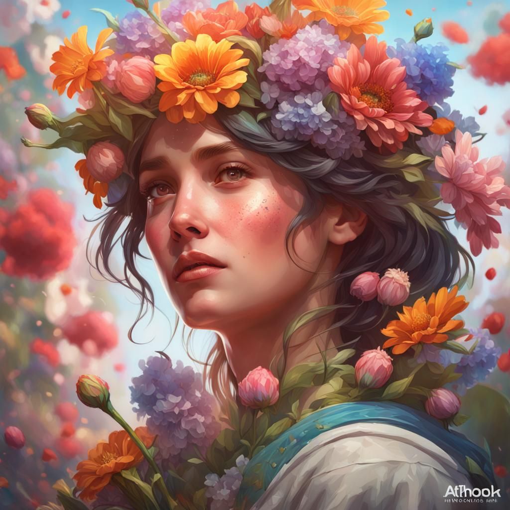 Intricate Floral Concept Art Portrait in Triadic Colors
