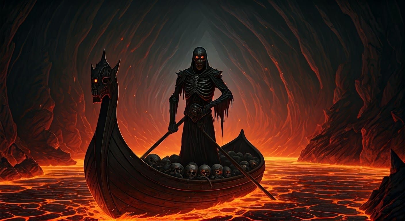 Skeletal Ferryman Guides Ghastly Cargo Across Molten Lava