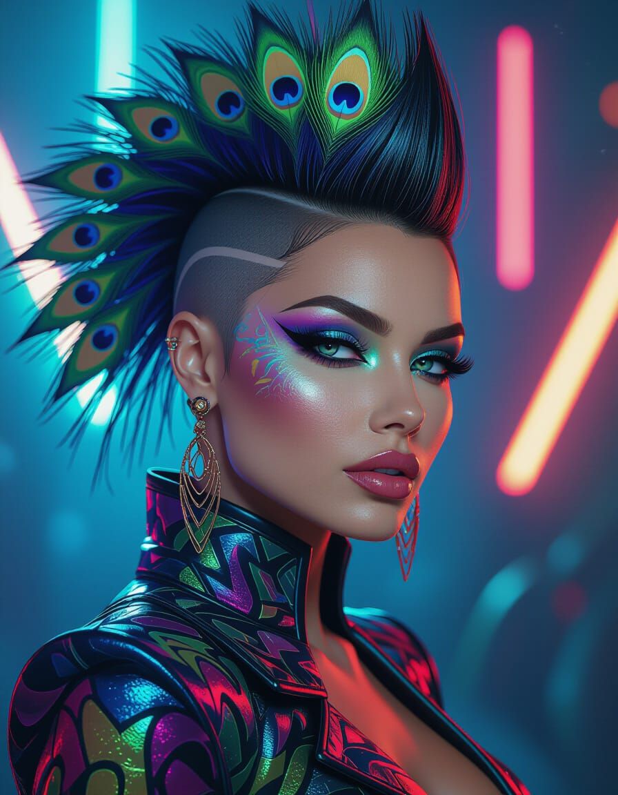 Futuristic Woman with Peacock Mohawk in Vivid Lighting