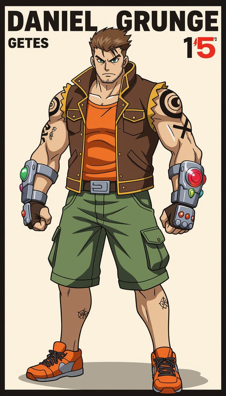 Anime-Style Muscular Brawler with Bakugan Gauntlet
