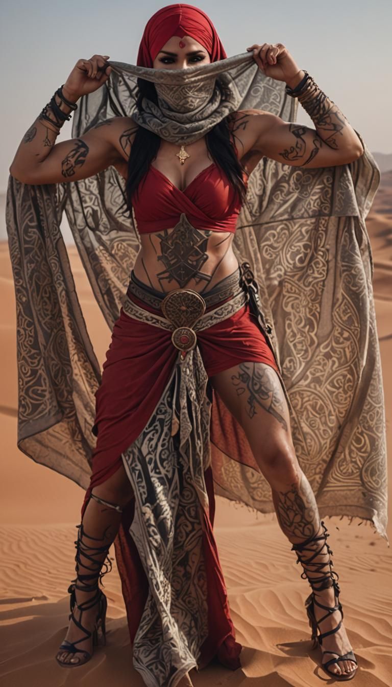 Elegant Assassin Maiden Stands Tall in Moroccan Desert