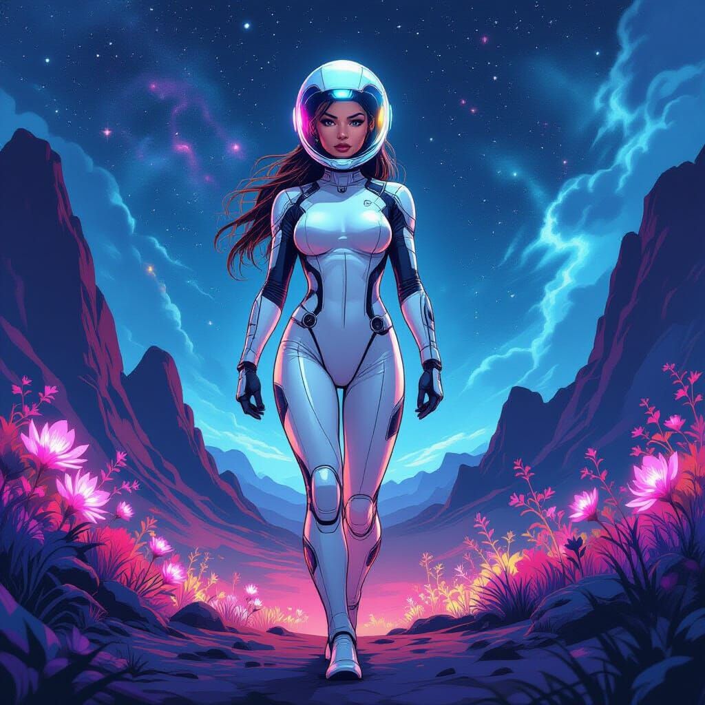 Athletic Woman in Transparent Spacesuit on Alien Planet