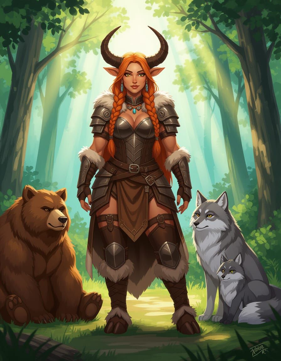 Minotaur Beastmaster with Loyal Companions in Anime Style