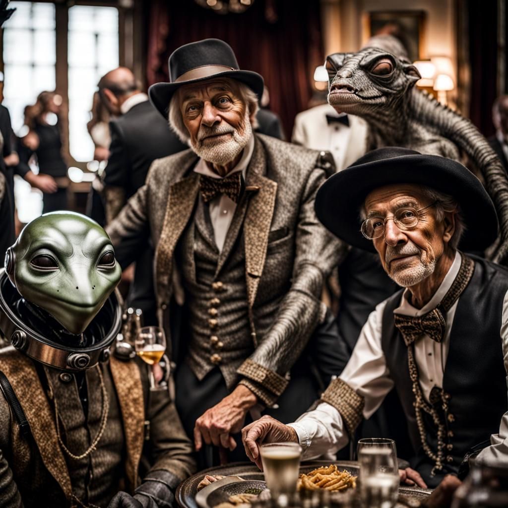 Surreal Alien Celebration in Restaurant: Ethereal Photograph...
