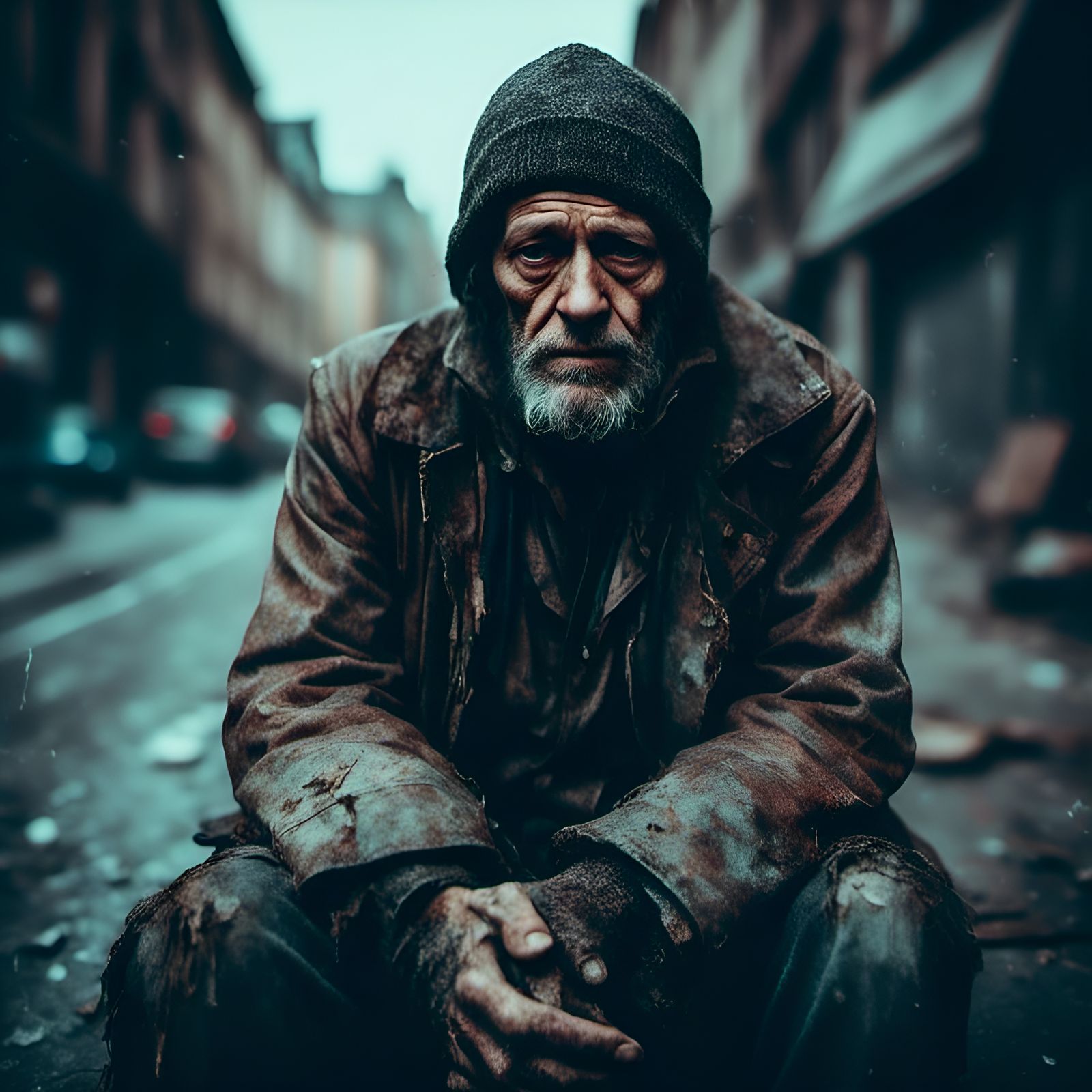 A Somber Portrait of Despair in the City Streets