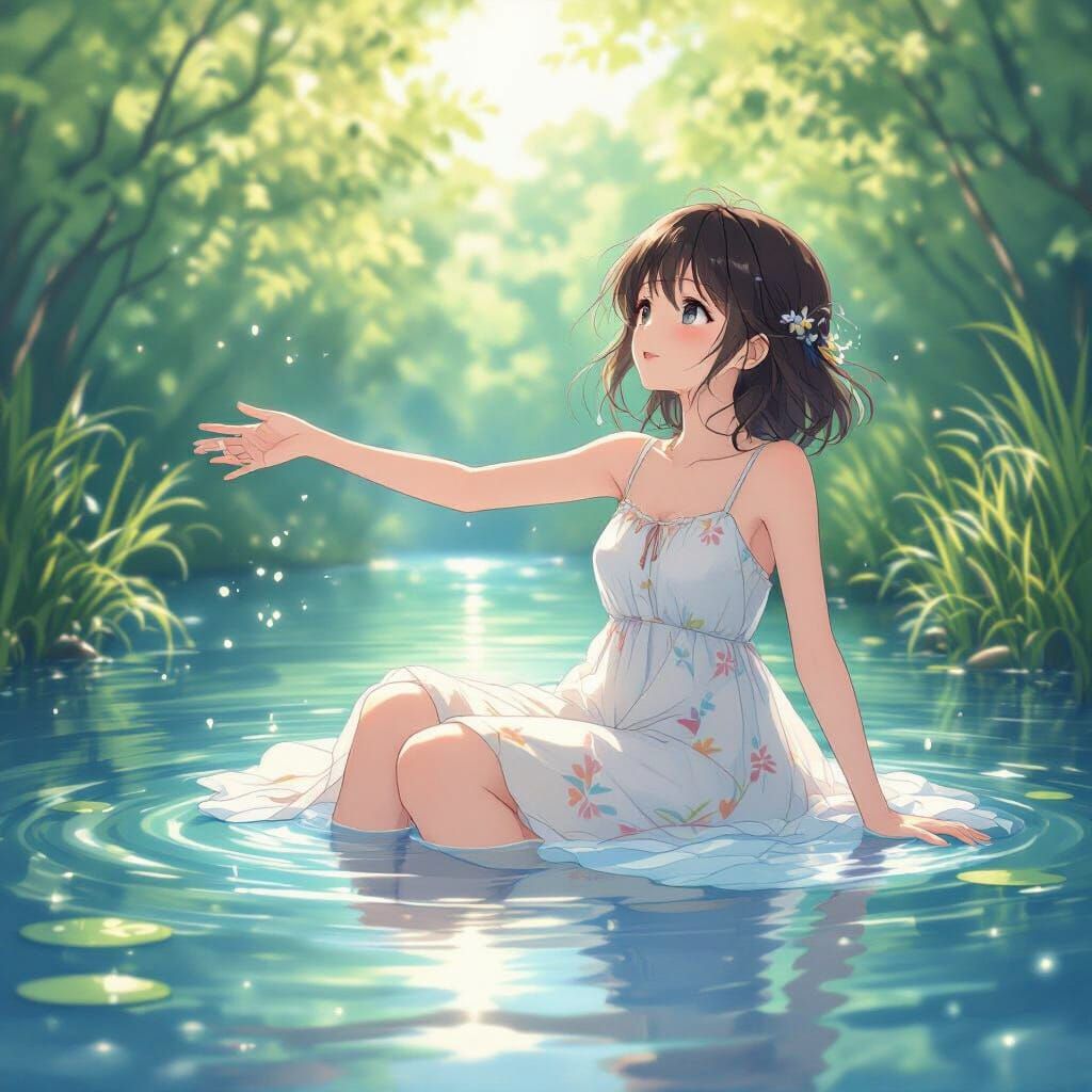 Anime Girl Floating on Water in Pastel Colors
