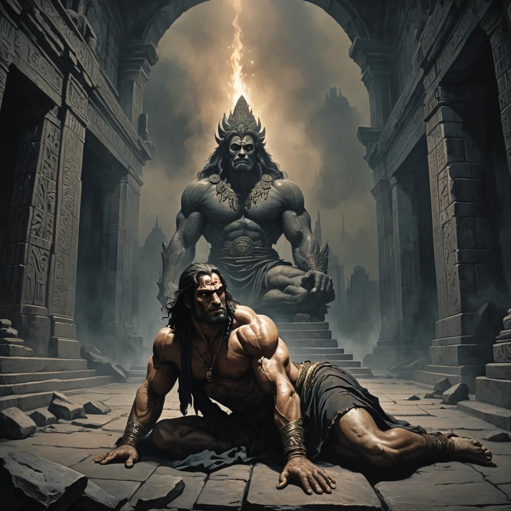 Muscled French Warrior Lays Down Before Ancient Indian Templ...