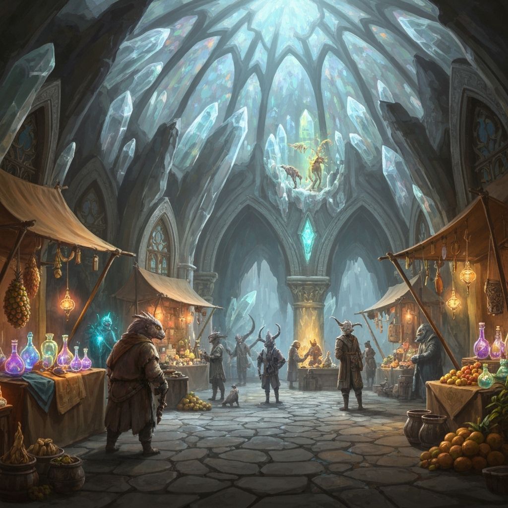Fantastical Geode Marketplace with Magical Creatures