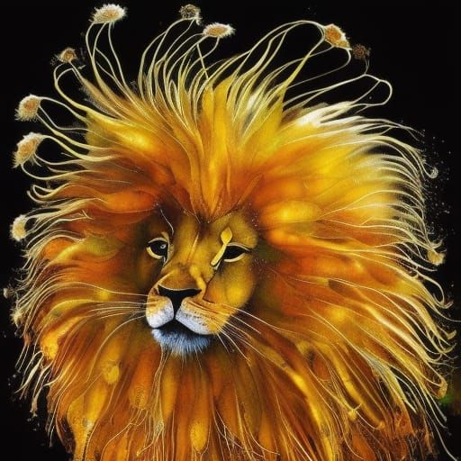 Lion with a Dandelion Mane in Splattered Ink