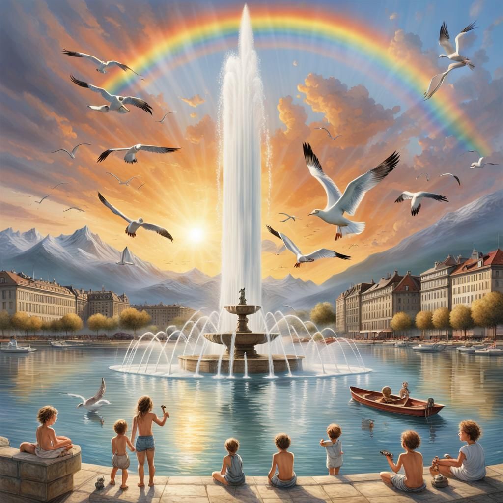 Modern Geneva Harbor Scene with Vibrant Fountain and Sunset