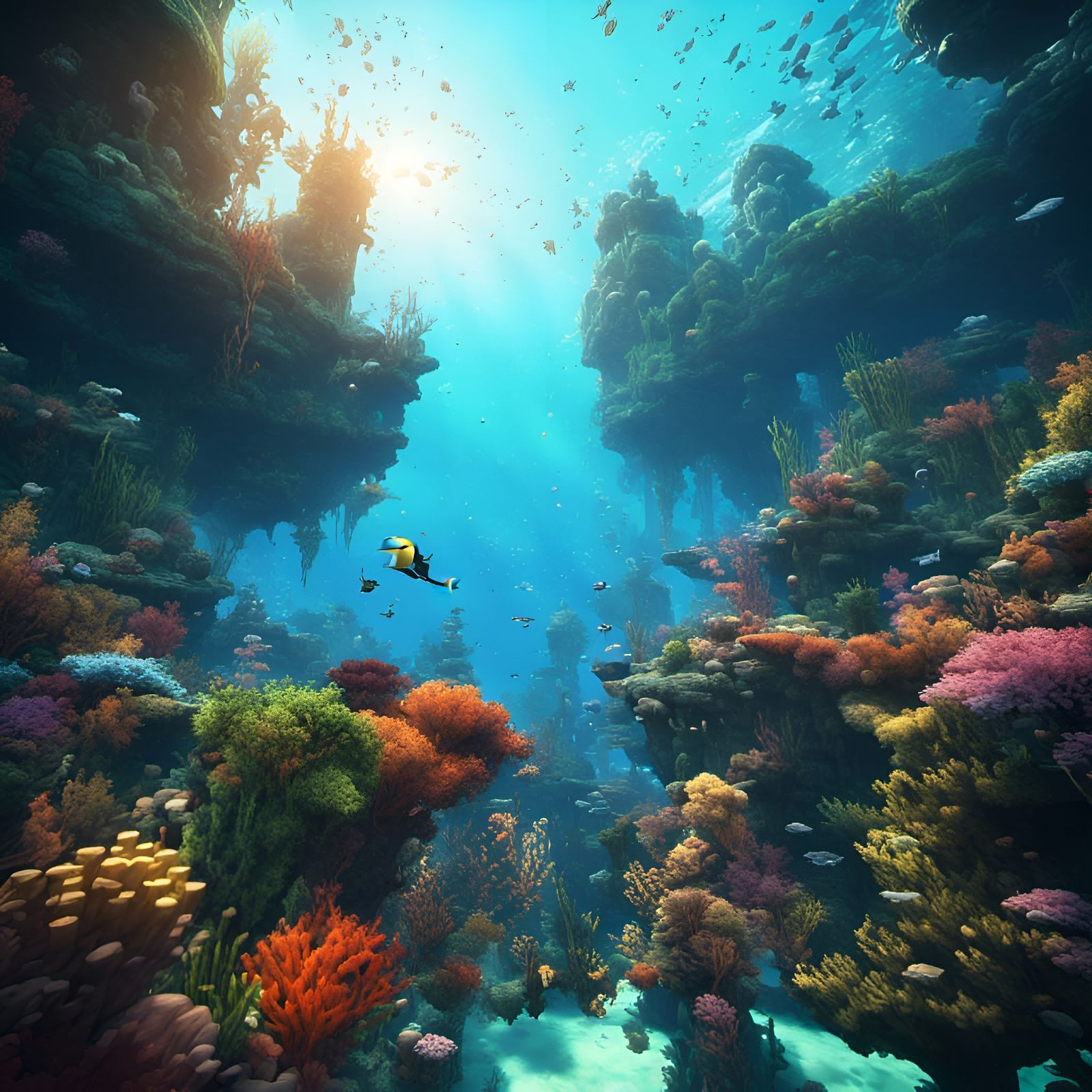 Epic Underwater Scene with Vibrant Sea Creatures and Minecra...