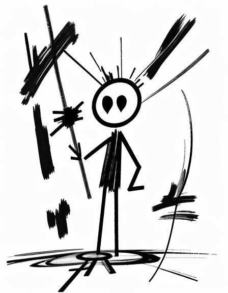 Expressive Stick Figure in Cosmic Universe, Thick Brush Mark...