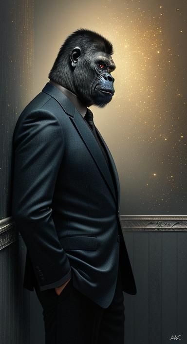 Gorilla in Tuxedo Smokes Cigar in Jungle Kitchen