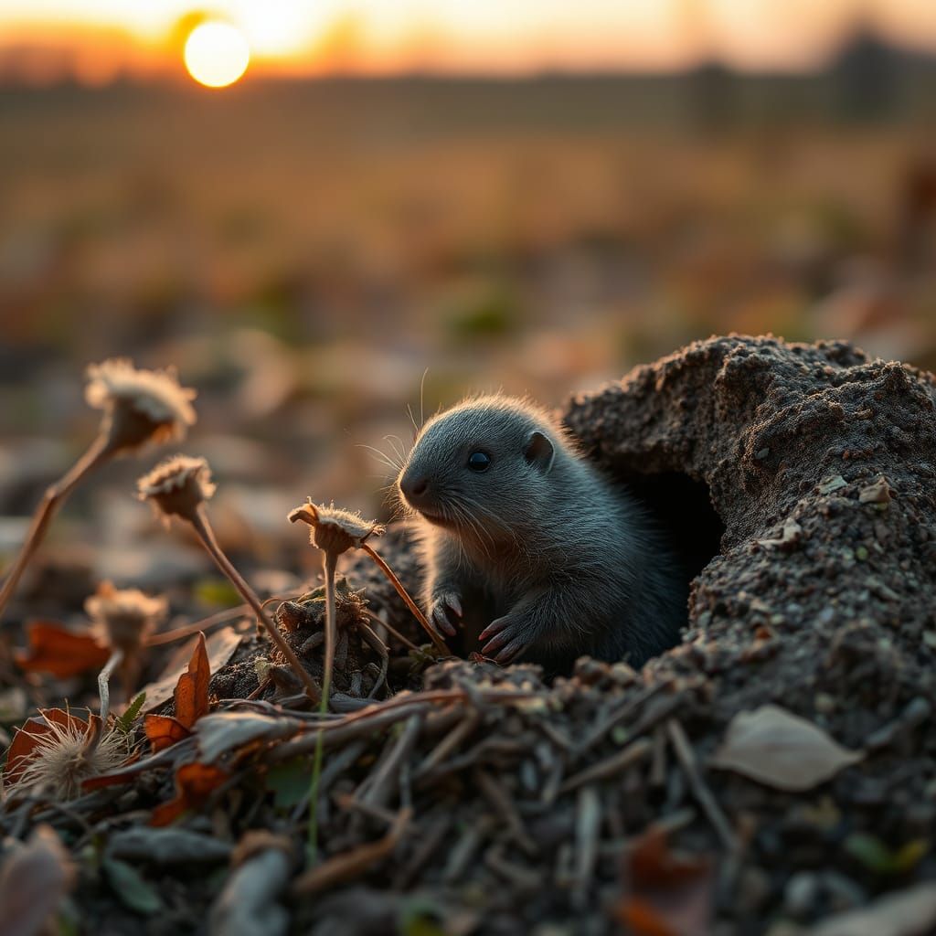 Cute Mole Emerges from Autumn Dig in Warm Sunrise Light