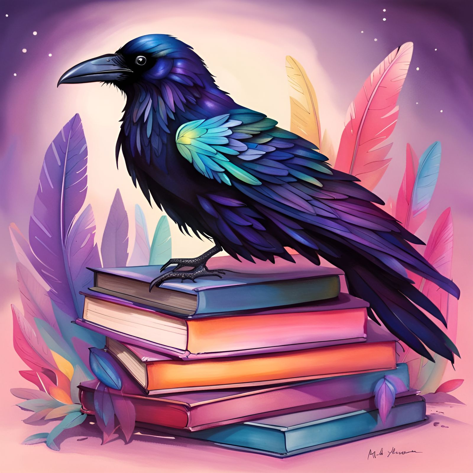 Elegant Raven Amidst a Library of Wonder