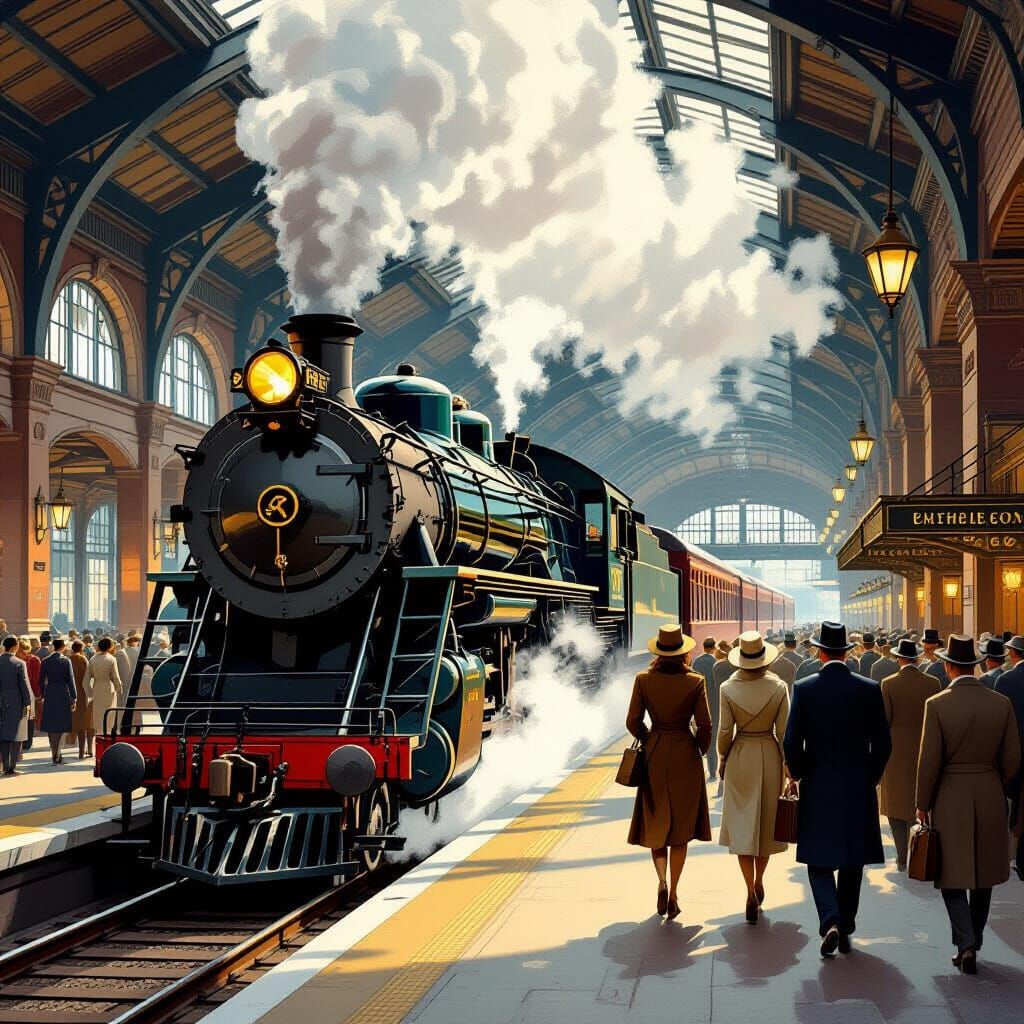 1930s Train Station Interior With Art Deco Locomotive