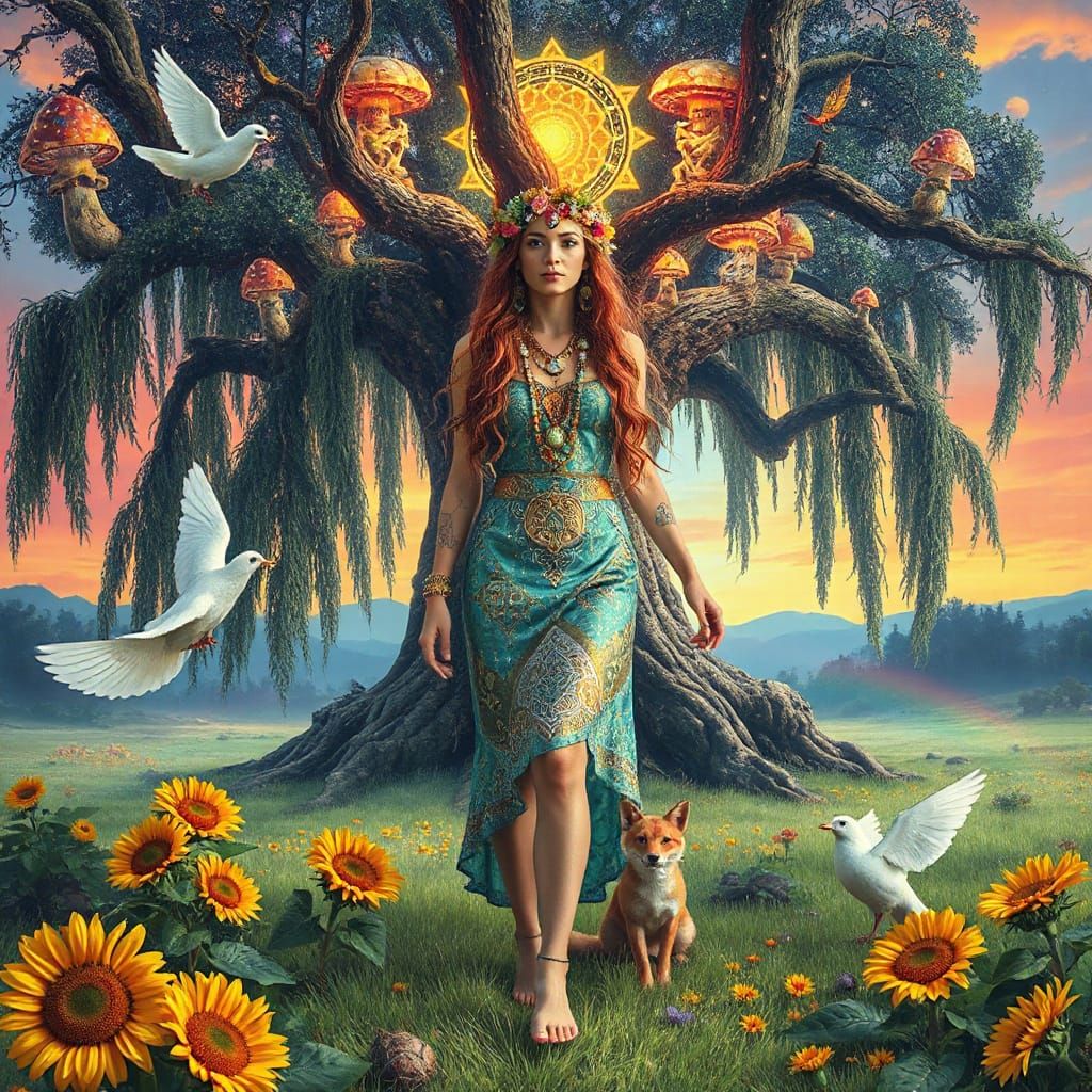 Bohemian Priestess with Sunset Hair in Psychedelic Meadow