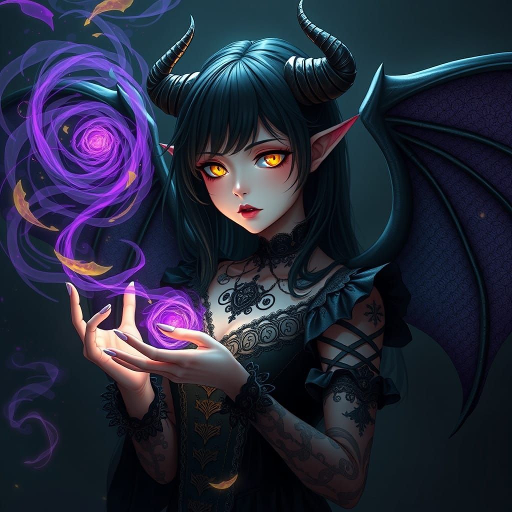 Mysterious Trans Girl with Wings and Horns in Dark Anime Sty...