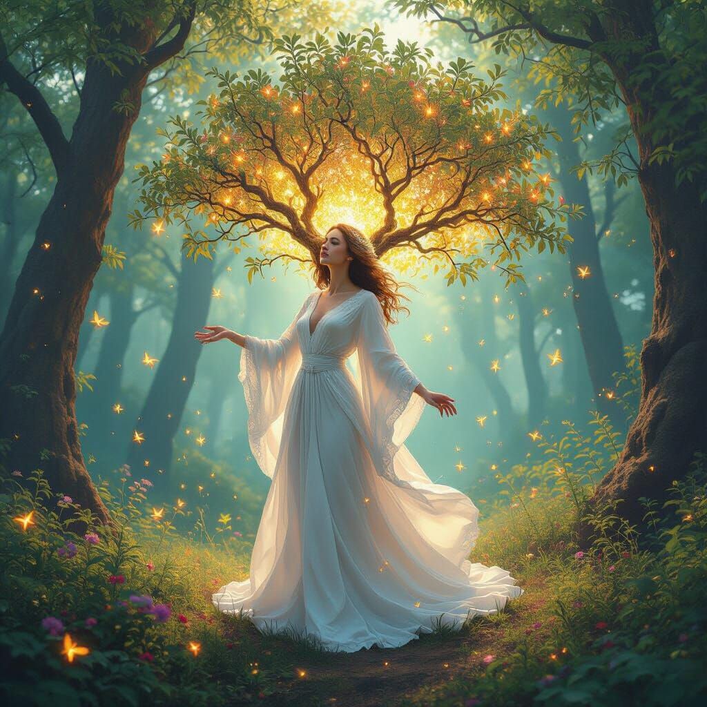 Woman's Metamorphosis into Blooming Tree in Digital Art Styl...