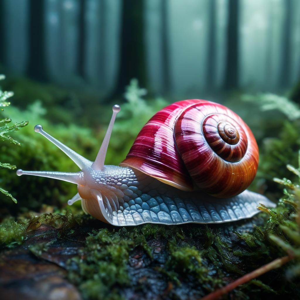 Snail with Iridescent Rosy Quartz Shell in Misty Forest