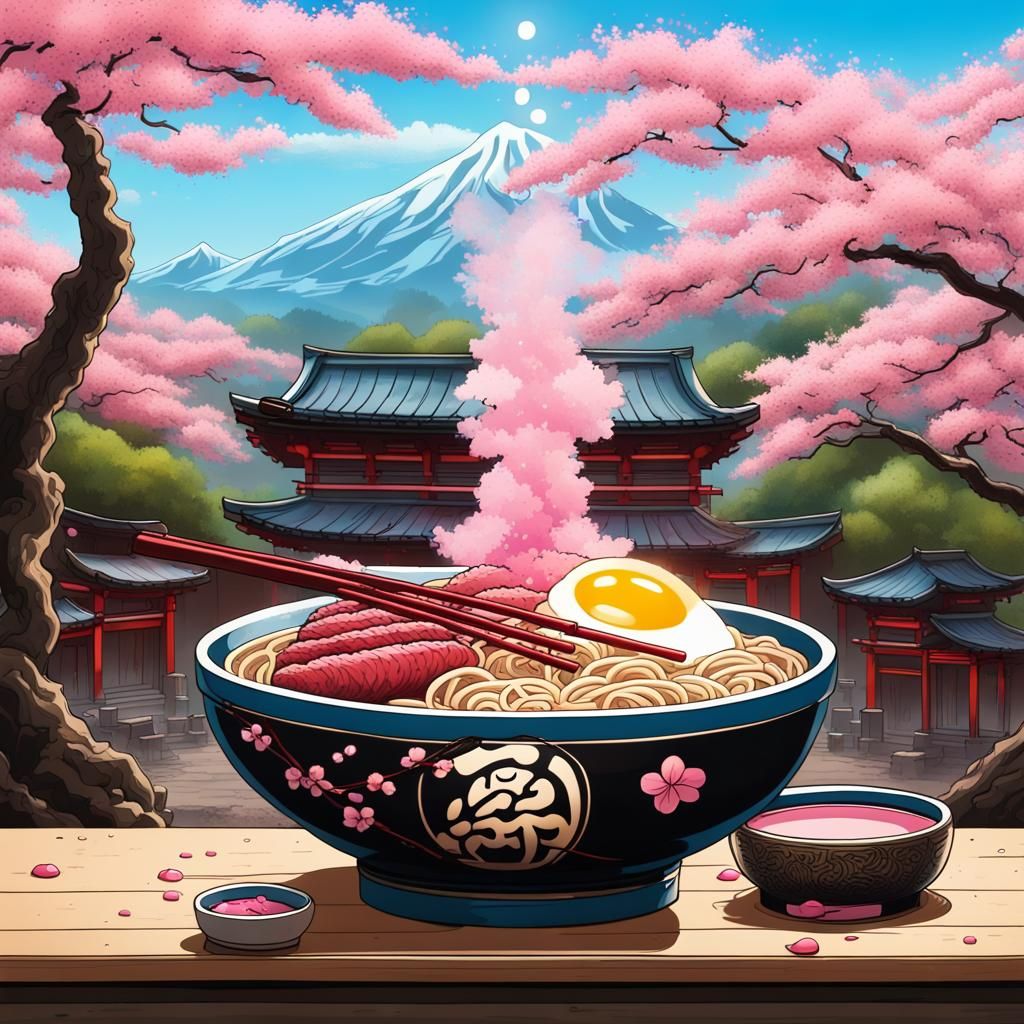 Sakura Blossoms Frame a Hearty Ramen Scene in Vibrant Japane...