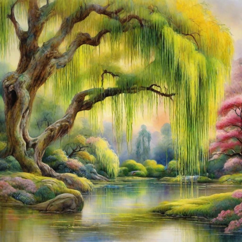 A Serene Japanese Garden Weeping Willow