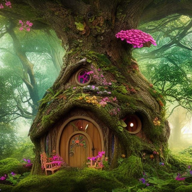 Majestic Fairy House Inside Majestic Tree in Hyperrealistic...