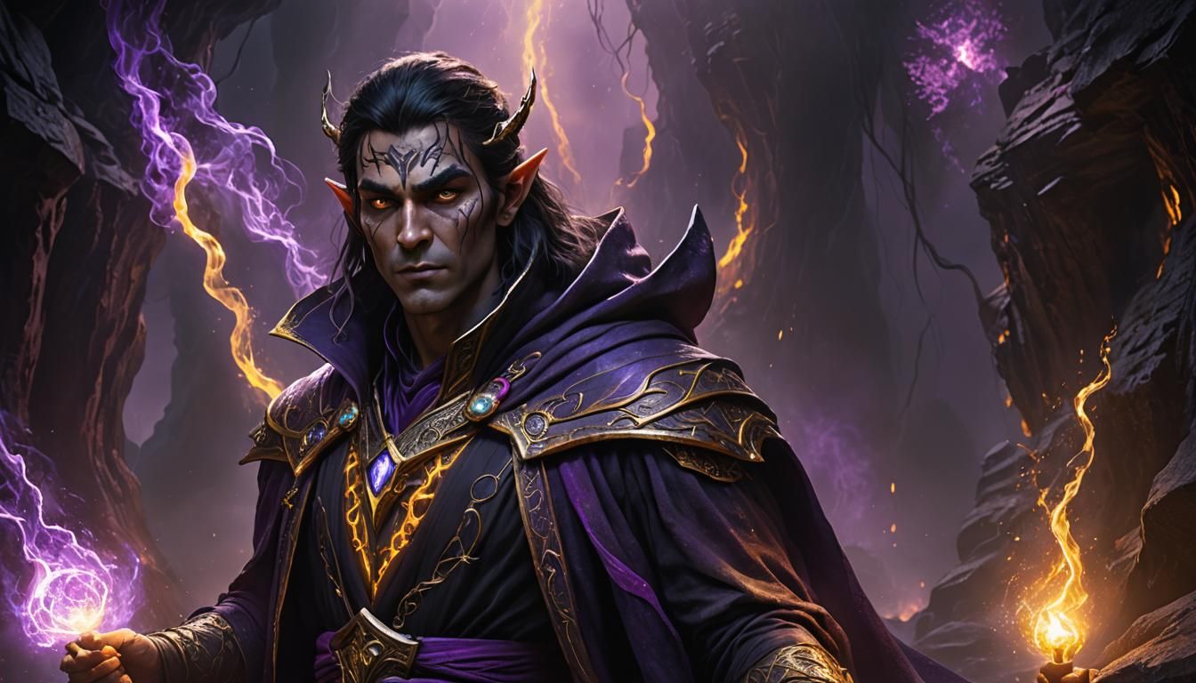 Dark Fantasy Mage in Mystic Robes Channels Cosmic Power