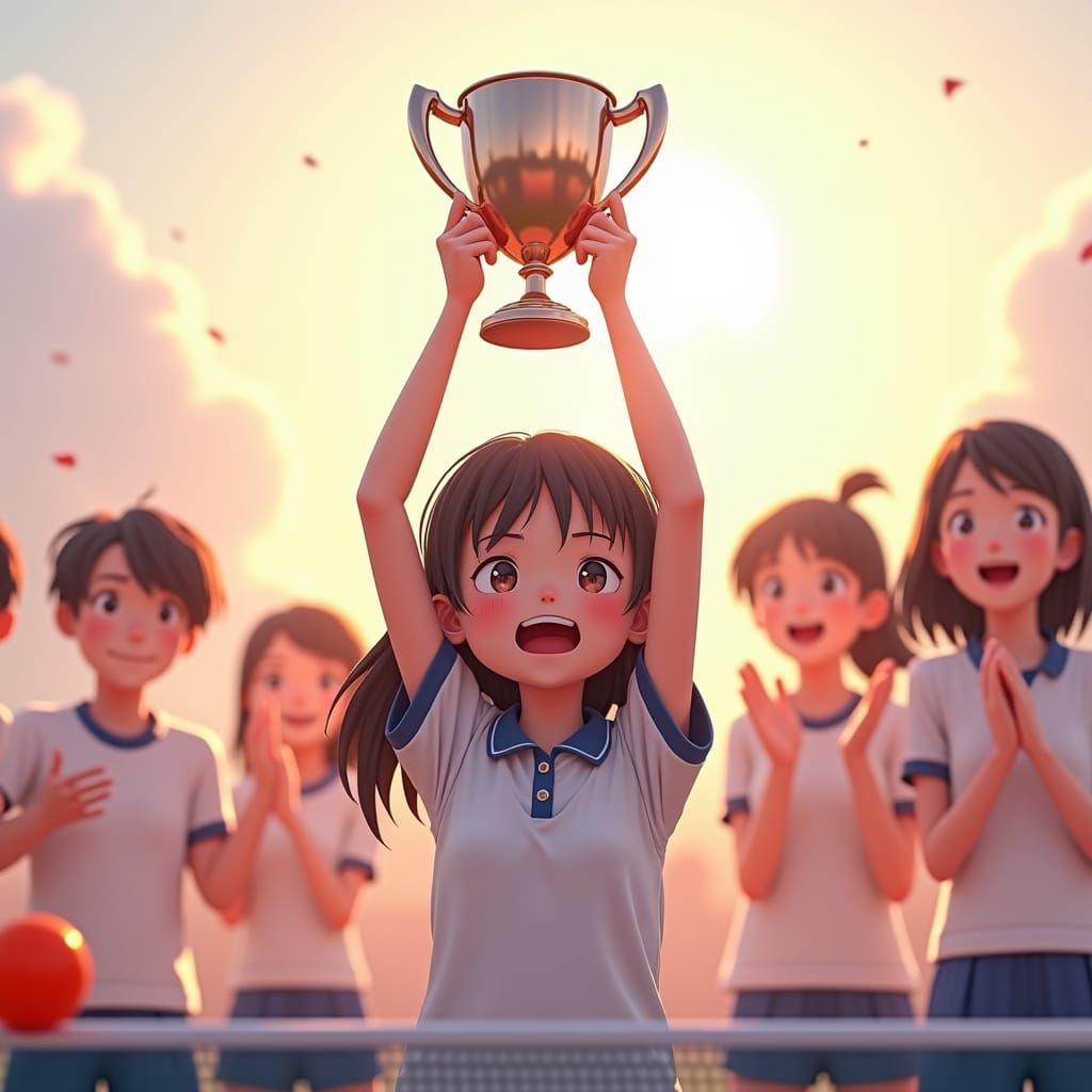 Triumphant Young Girl Lifts Trophy at Ping Pong Championship