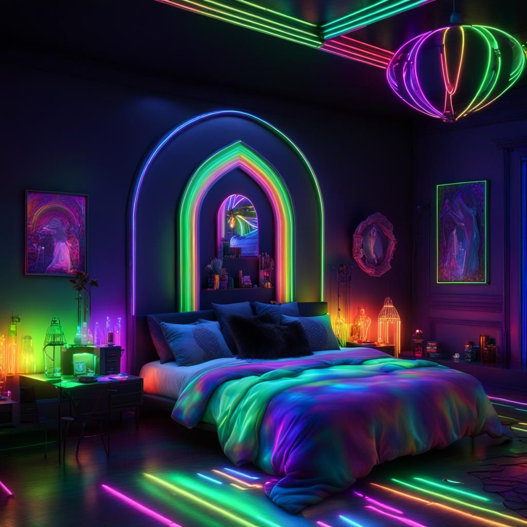 Rainbow neon glow gothic bedroom with Rainbow neon lights an...