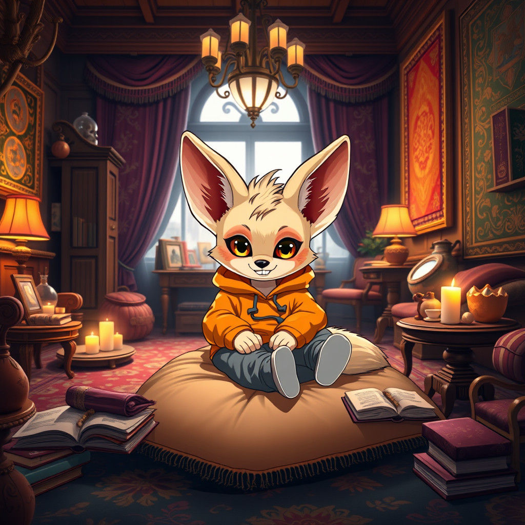 Surreal Chibi Fennec Boy in Cozy Room
