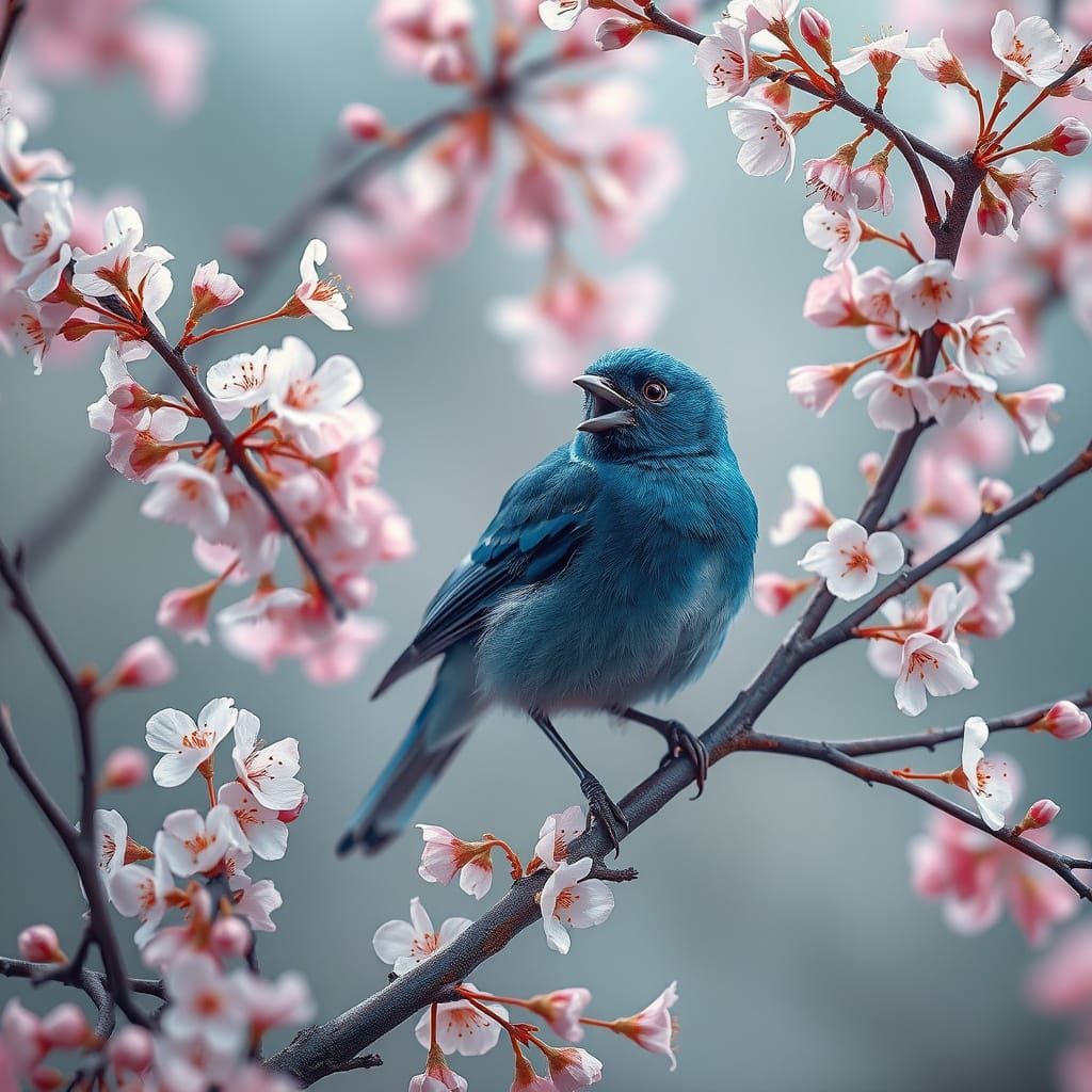 Fantastical Bluebird Amidst Cherry Blossoms in Detailed Matt...