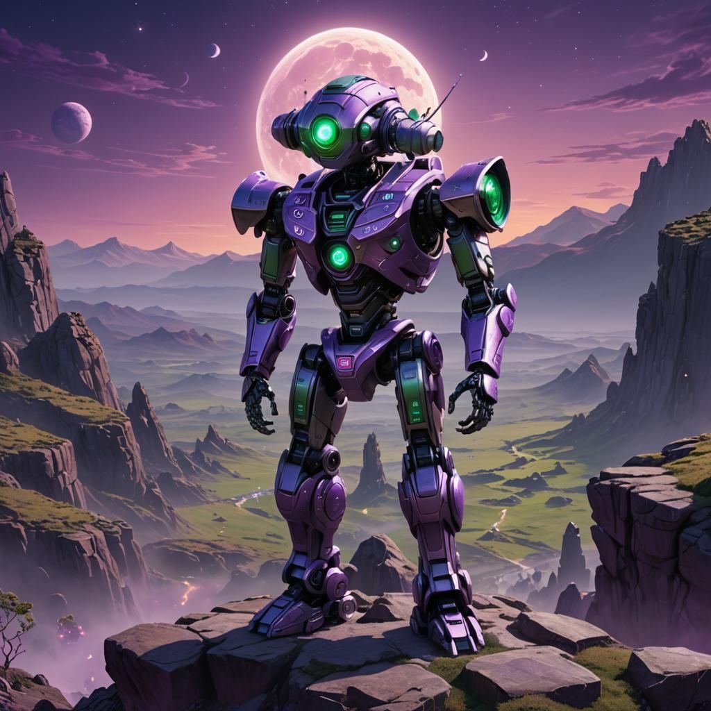Humanoid Robot Amidst Glowing Runes on a Rocky Hill Under Pu...