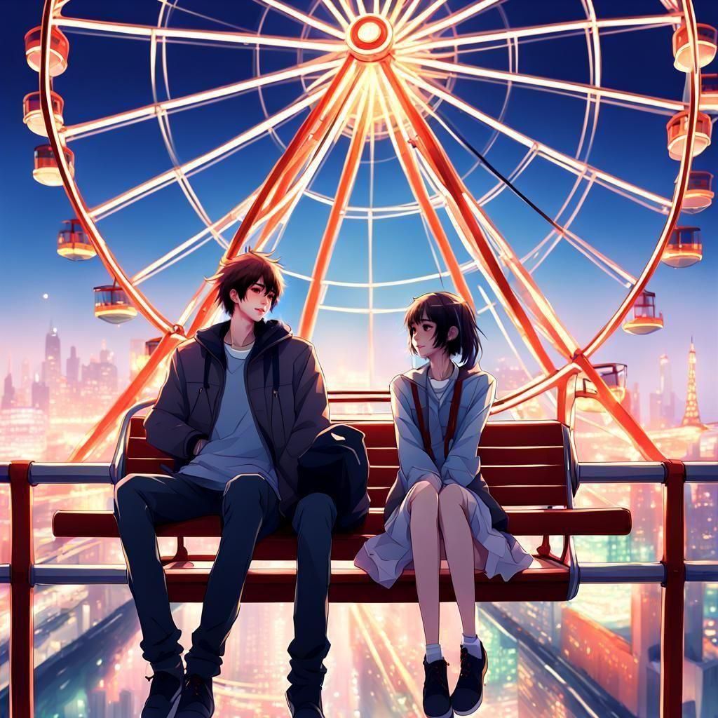 Couple in Love Admires Cityscape from Sky-high Ferris Wheel
