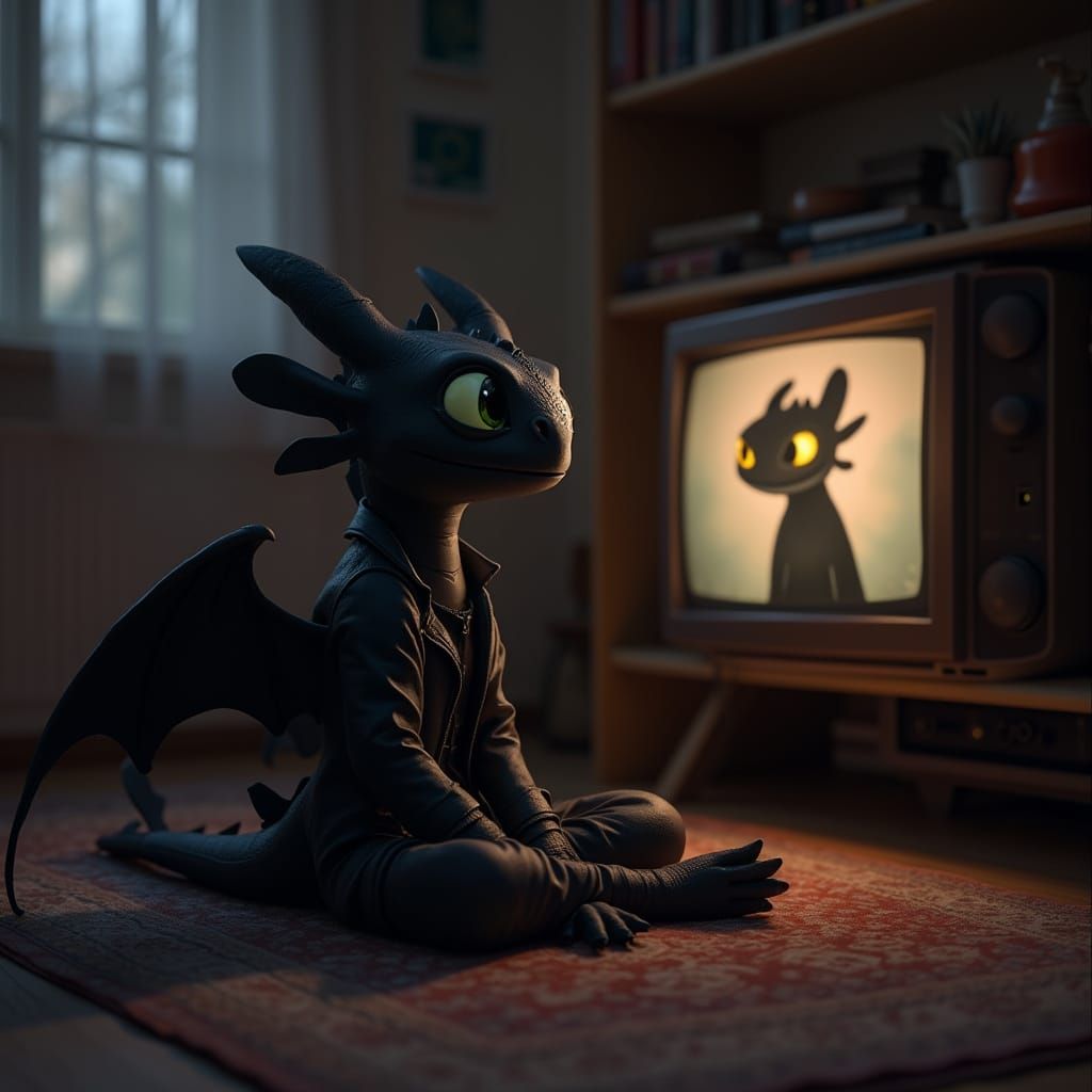 Toothless Watching How to Train Your Dragon on CRT TV