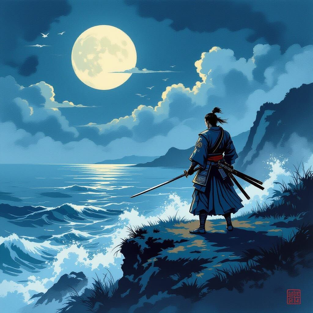 Samurai Warrior on Cliff Overlooking Stormy Sea in Ukiyo-e S...