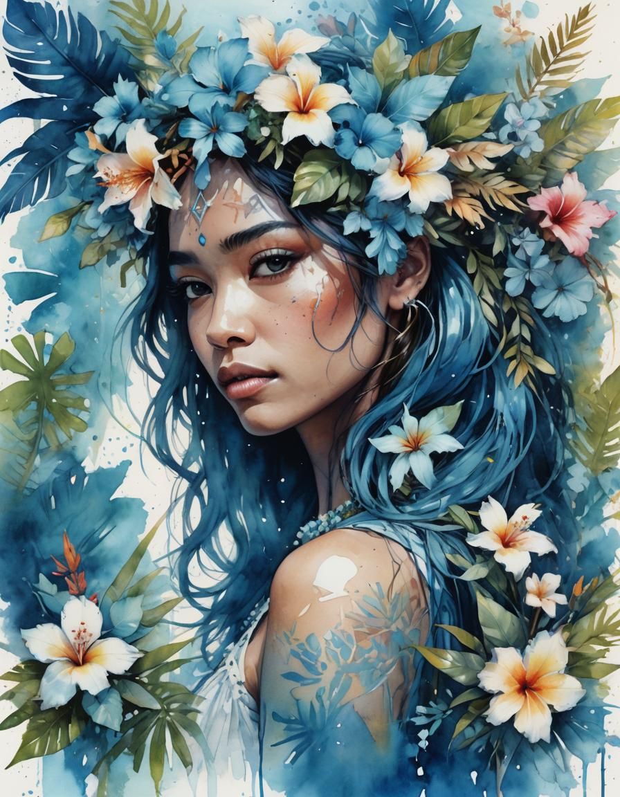 Soft Tropical Portrait in Watercolor Style