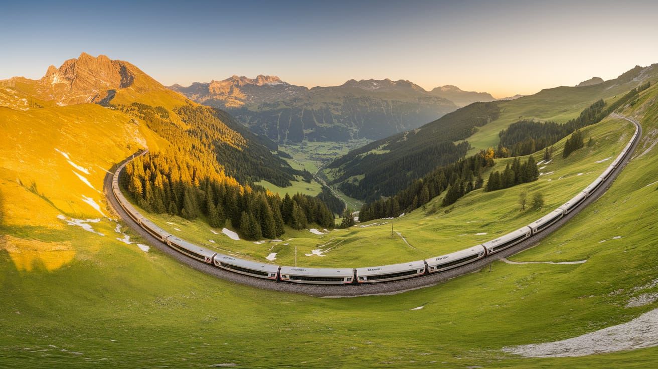 Majestic Train Winding Through Swiss Alps in Panoramic View