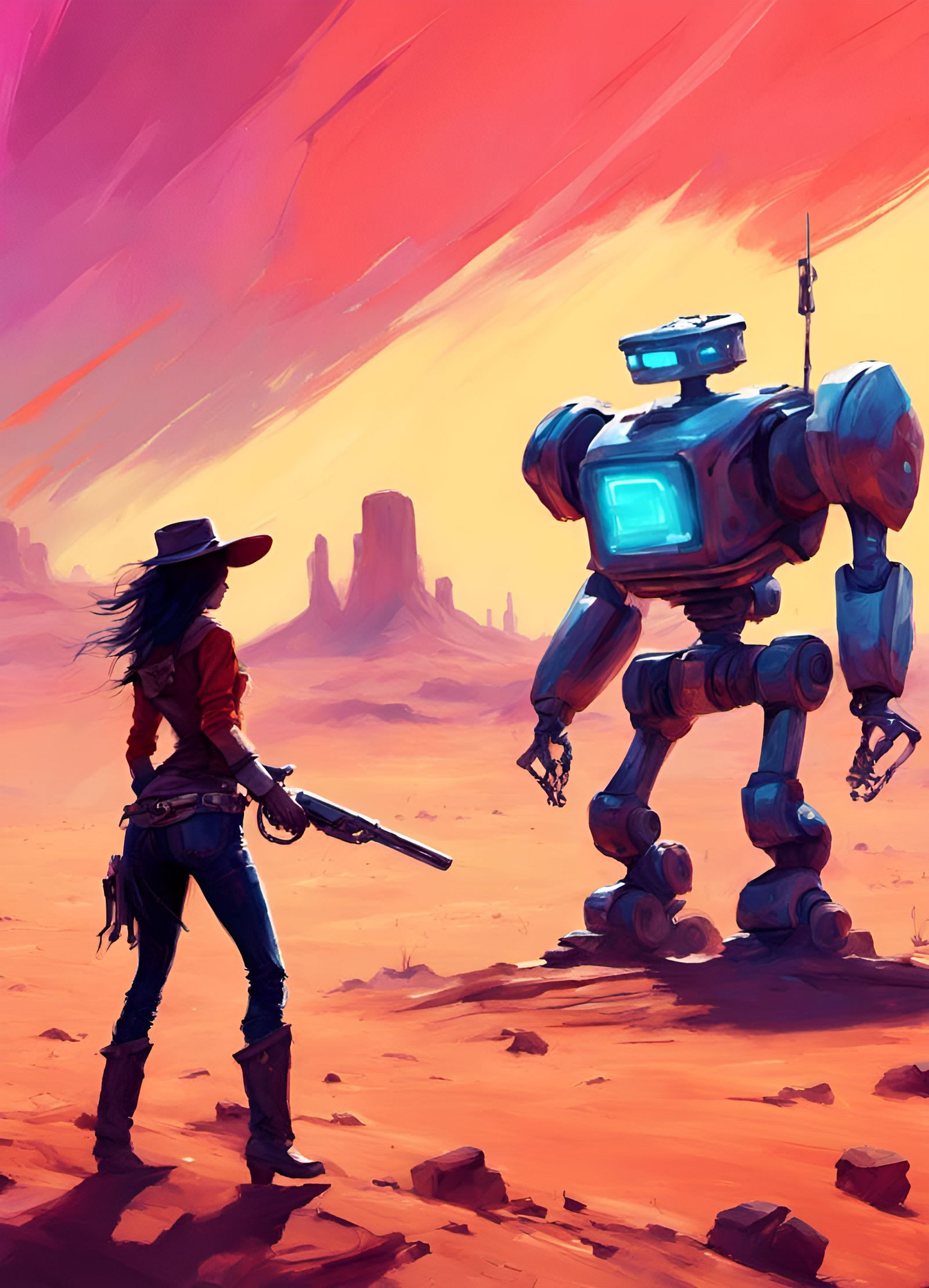 Cowgirl in Epic Desert Duel with a Robot in Vibrant Impressi...