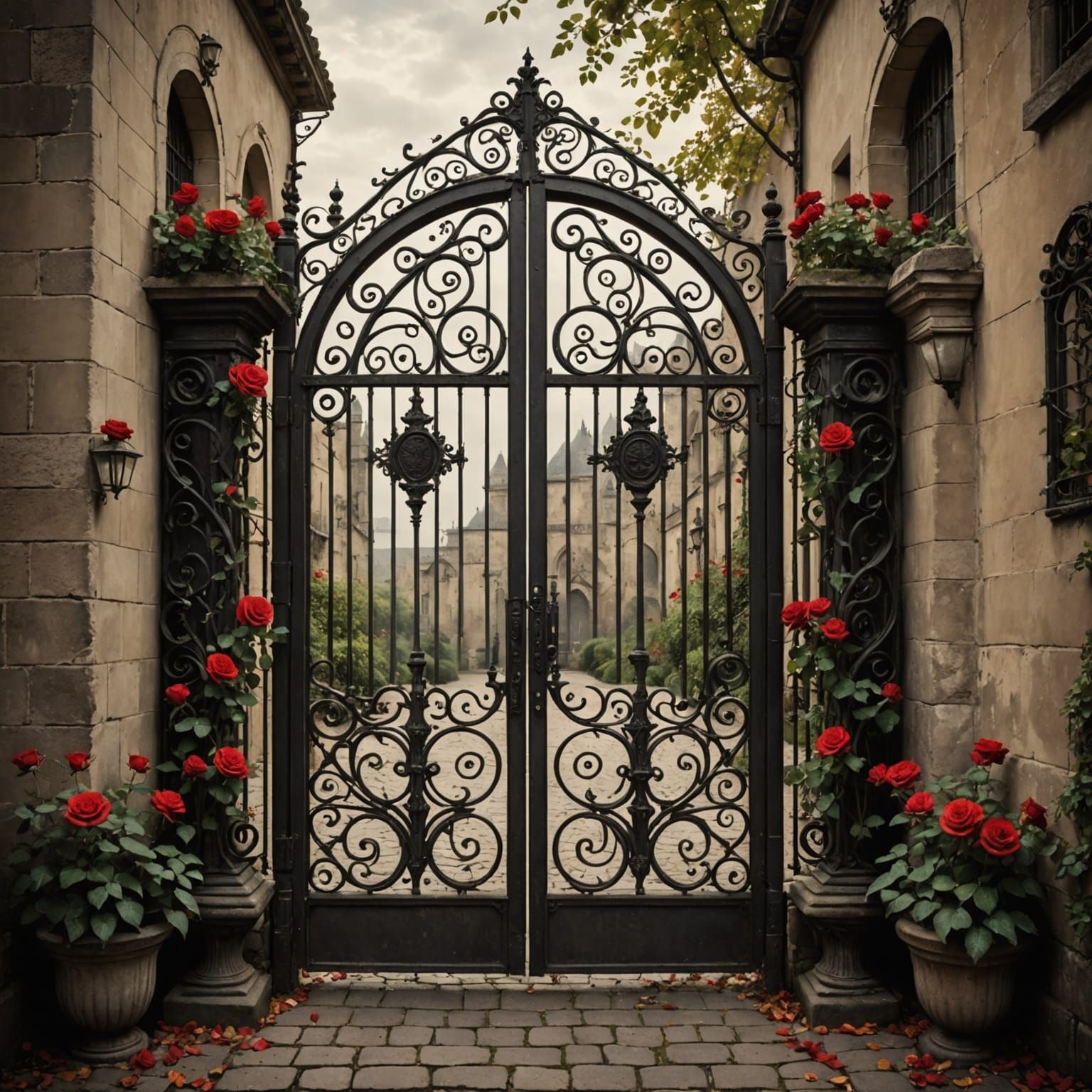 Gothic Victorian Garden with Ornate Iron Gates
