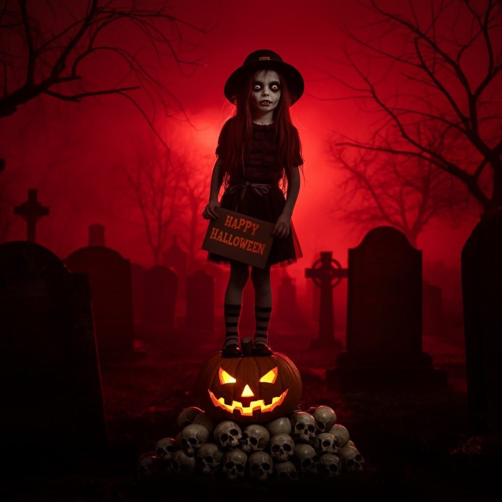 Young Zombie Ghost Girl Celebrates Halloween in a Haunting C...