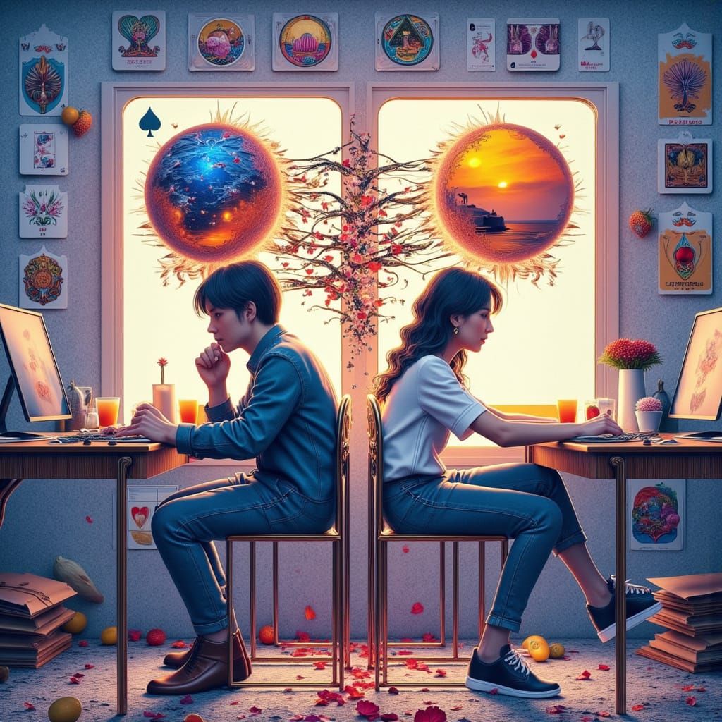 Embracing Couples at Sunset in Digital Art Style