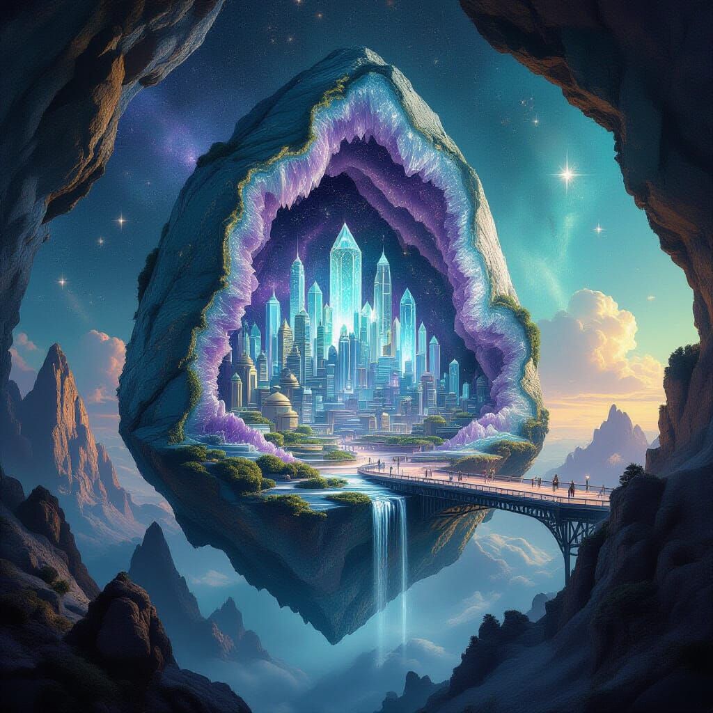Metropolis Inside Shimmering Geode in Surrealist Style