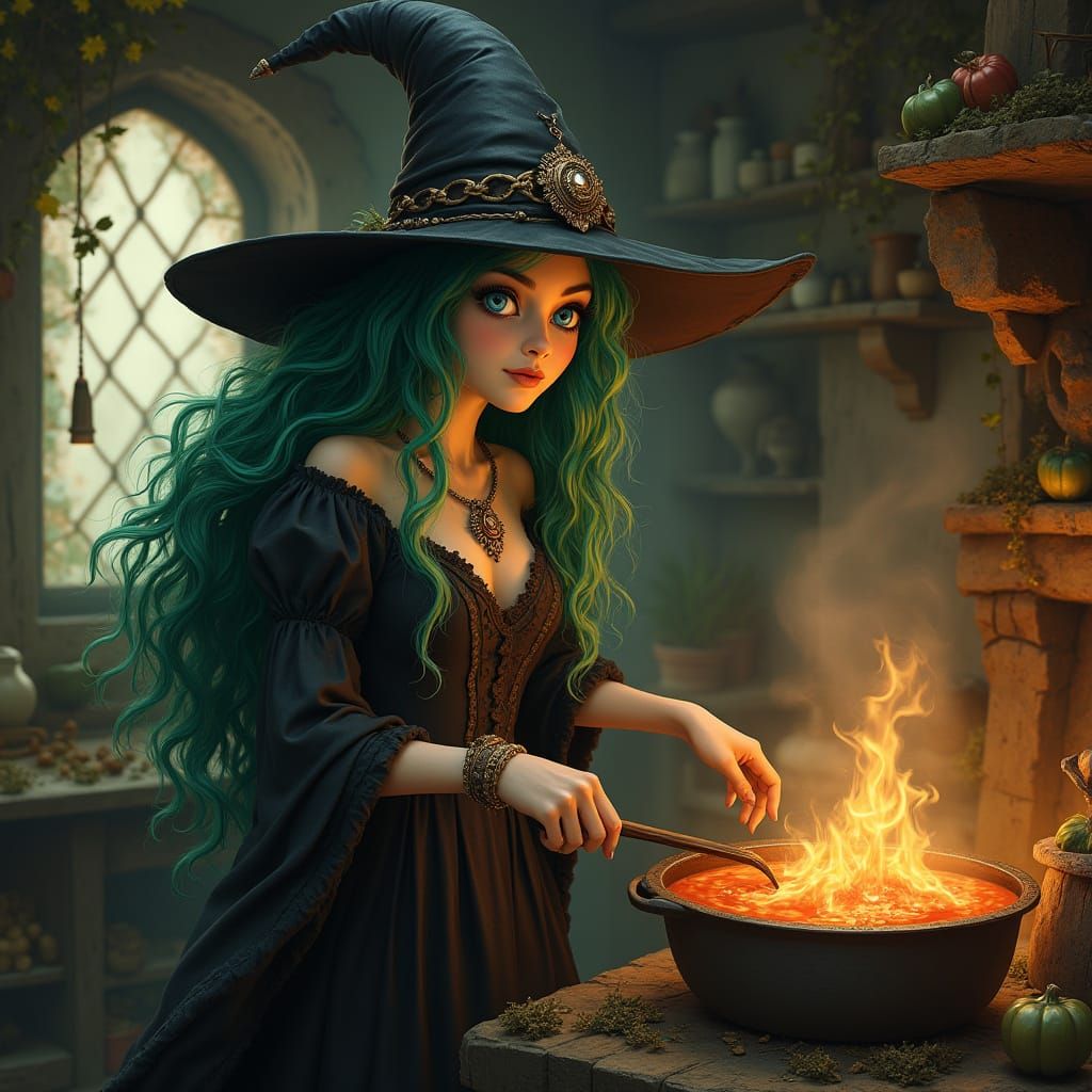 Whimsical Emerald Haired Witch Brews Potion