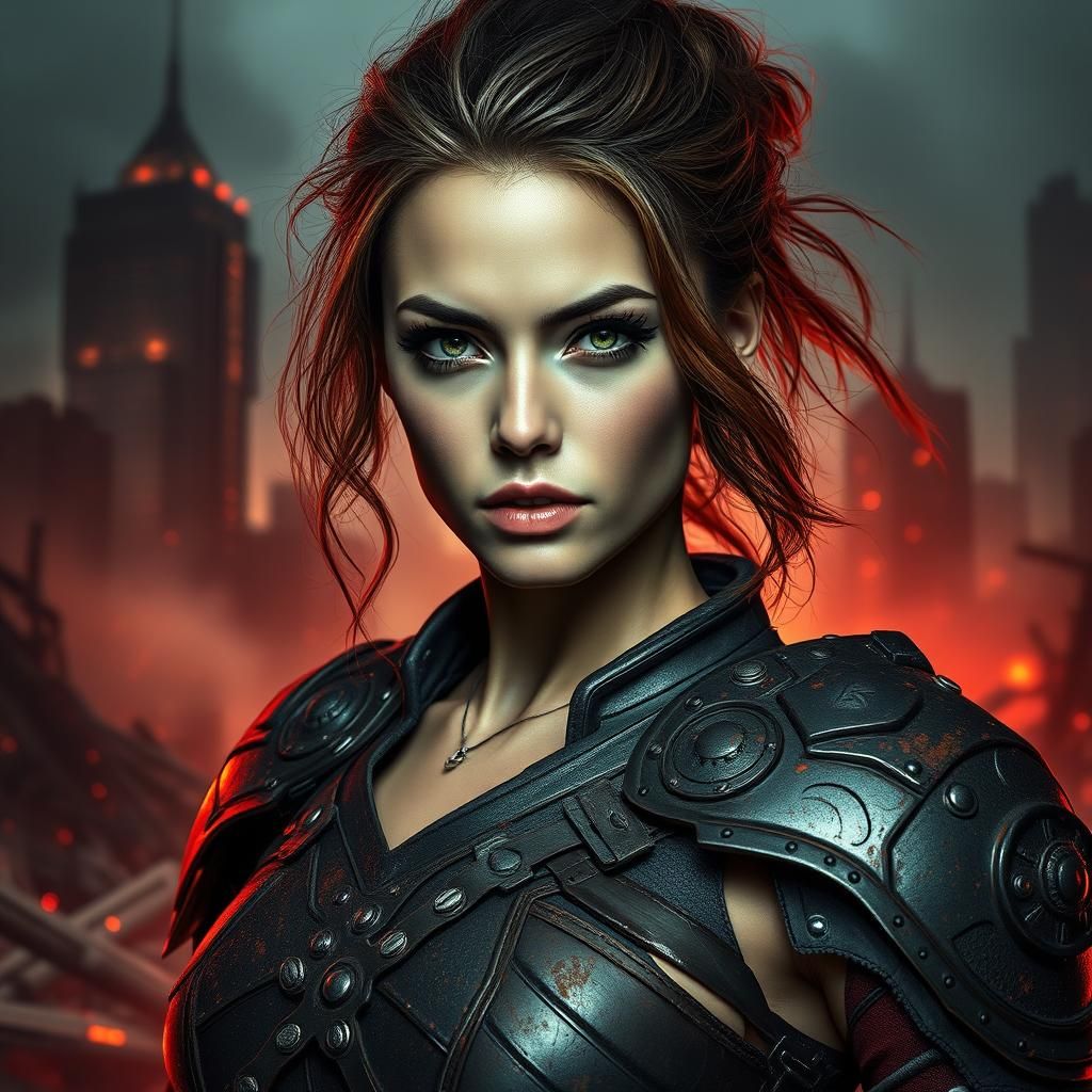 Heroic Warrior Defies Ruin in Cyberpunk Landscape