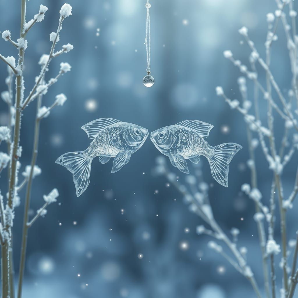 Delicate Crystal Fish Form Zodiac Symbol Amidst Winter Wonde...