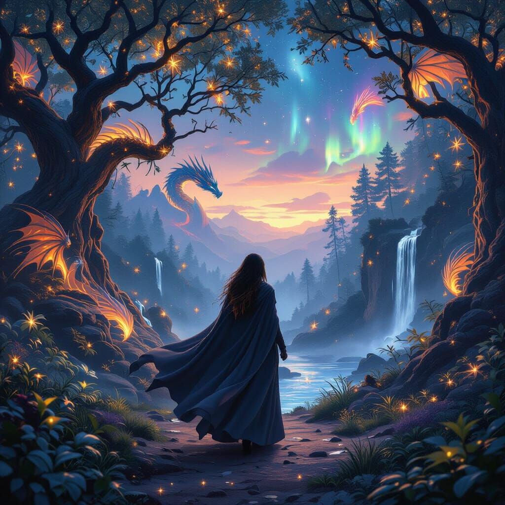 Enchanted Forest Twilight Scene with Dragons and Mystical Wo...