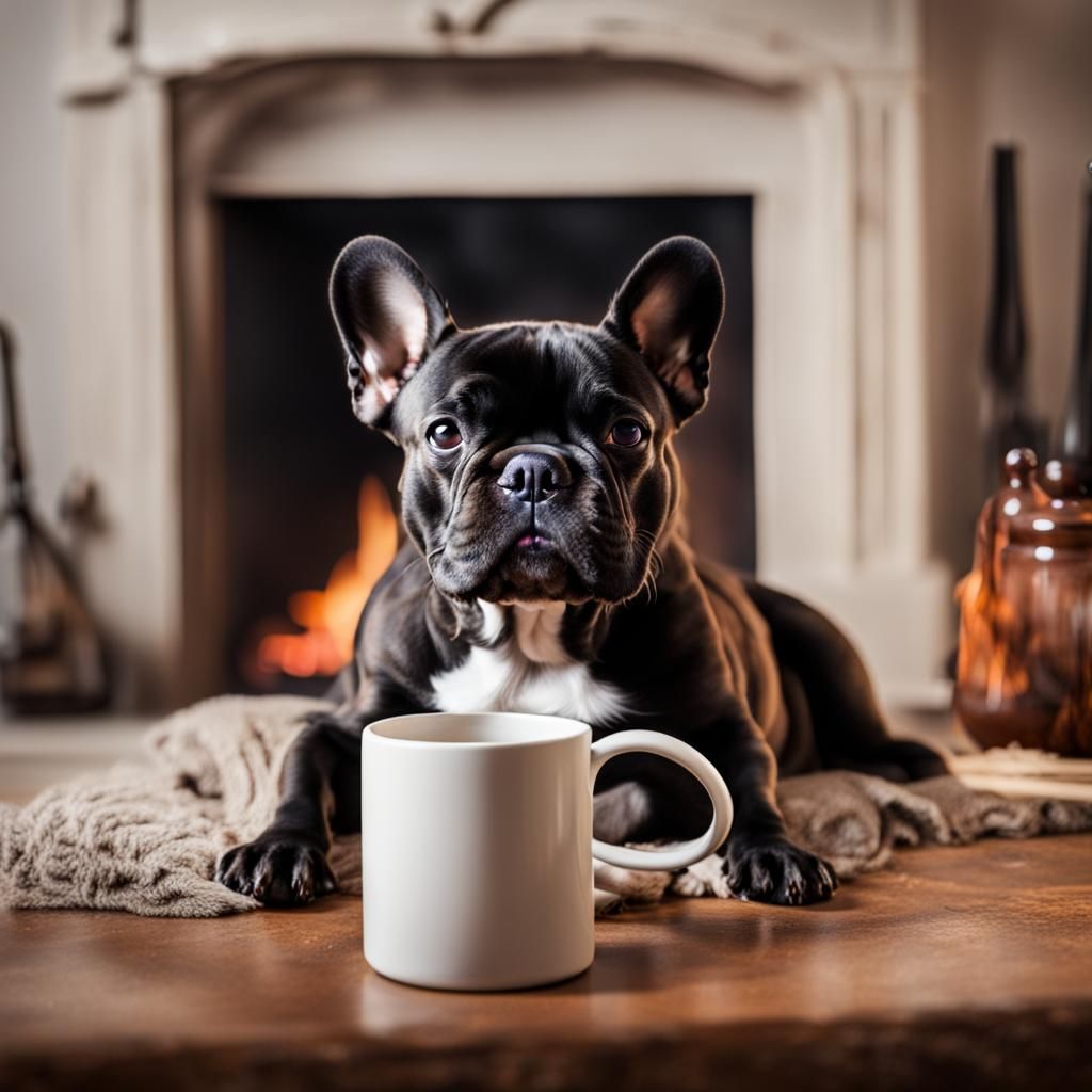 French Bulldog Sits by Cozy Winter Fire with Mug