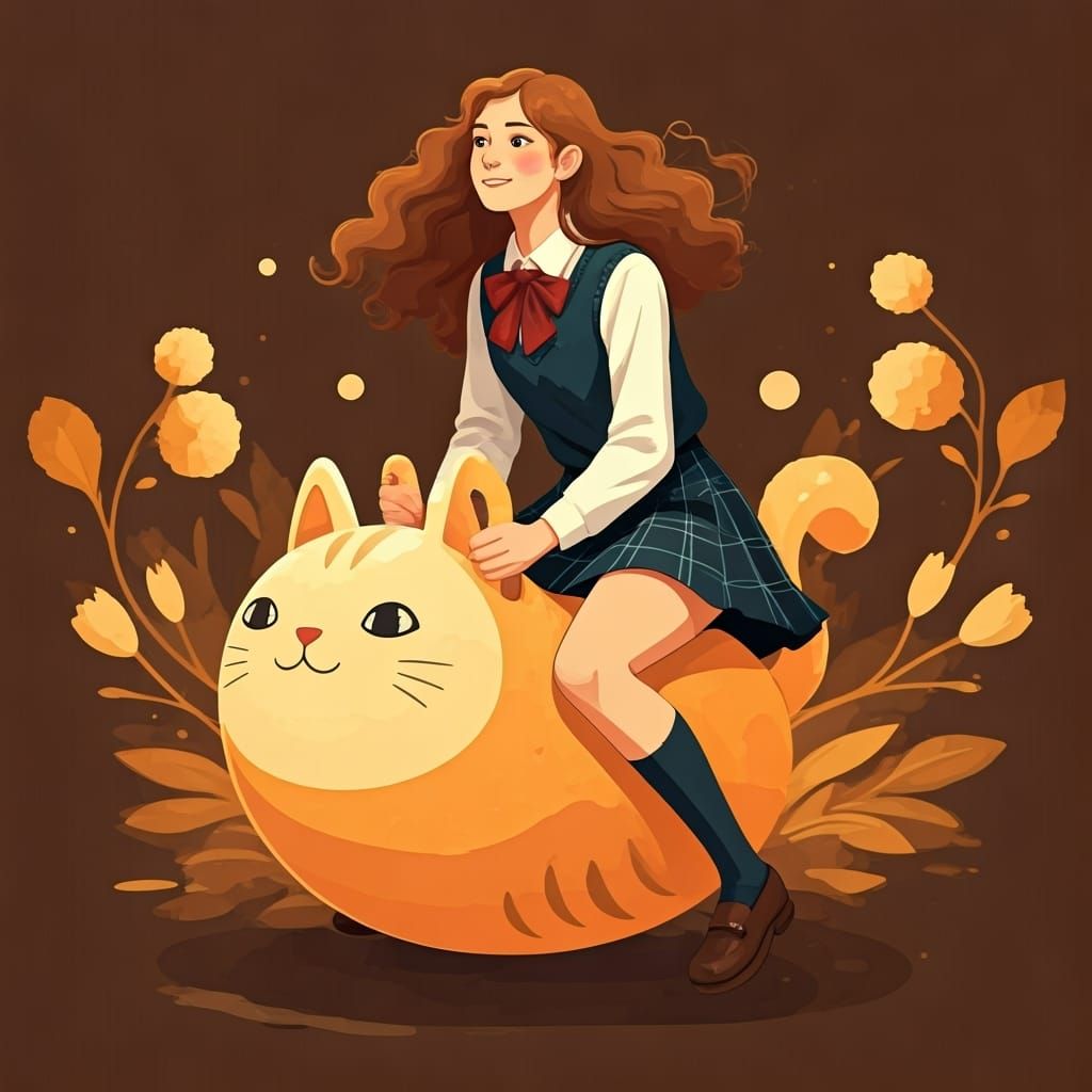 Schoolgirl on Neko Hopurr, Ghibli-Inspired Scene